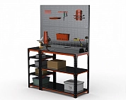 Стол-верстак Metalex серия KIT 950х1100х400 (с бок. полками, двумя перфопанелями и комп. аксессуаров) (оранжево-черный)