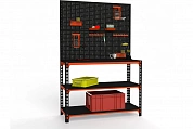Стол-верстак Metalex 950х1300х600 (две полки) + двойная перфопанель с комплектом аксессуаров (оранжево-чёрный)