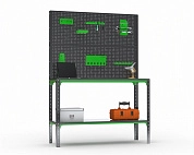 Стол-верстак Metalex серия KIT 950х1600х500 (одна полка) + двойная перфопанель с комплектом аксессуаров (серо-зеленый)