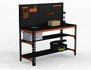 Стол металлический Metalex 750х1100х600 + две полки + перфопанель с комплектом аксессуаров (оранжево-чёрный)