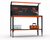 Стол-верстак Metalex серия KIT 950х1100х600 (одна полка + перфопанель с комплектом освещения) (оранжево-черный)