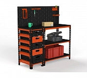 Стол-верстак Metalex c одной тумбой 950х1200х600 + перфопанель с комплектом аксессуаров (оранжево-чёрный)