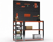 Стол-верстак Metalex серия KIT 950х1300х400 (с бок. полками, двумя перфопанелями и комп. аксессуаров) (оранжево-черный)