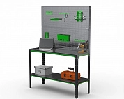 Стол-верстак Metalex серия KIT 950х1700х600 (одна полка) + двойная перфопанель с комплектом аксессуаров (серо-зеленый)