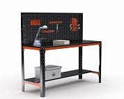 Стол металлический Metalex серия KIT 750х1500х600 + перфопанель с комплектом аксессуаров) (оранжево-черный)
