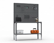 Стол-верстак Metalex серия KIT 950х1100х600 (одна полка) + двойная перфопанель с комплектом аксессуаров (серый)