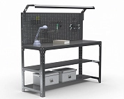 Стол металлический Metalex серия KIT 750х1500х400 (2-е полки + перфопанель с комплектом освещения) (серый)