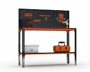 Стол-верстак Metalex серия KIT 950х1500х600 (одна полка) + перфопанель с комплектом аксессуаров (оранжево-черный)