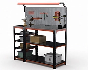 Стол-верстак Metalex серия KIT 950х1400х500 (с бок. полками, перфопанелью и комп. освещения) (оранжево-черный)