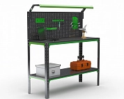 Стол-верстак Metalex серия KIT 950х1200х400 (одна полка + перфопанель с комплектом освещения) (серо-зеленый)