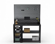 Стол-верстак Metalex серия KIT 950х1600х600 (с бок. полками, двумя перфопанелями и комп. аксессуаров) (черный)