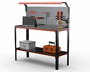 Стол-верстак Metalex серия KIT 950х1800х500 (одна полка + перфопанель с комплектом освещения) (оранжево-черный)