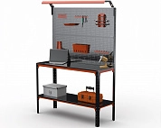 Стол-верстак Metalex серия KIT 950х1300х600 (одна полка + двойная перфопанель с комплектом освещения) (оранжево-черный)