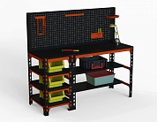 Стол металлический Metalex 750х1600х600 с боковыми полками и перфопанелью (оранжево-чёрный)