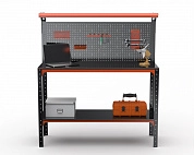 Стол-верстак Metalex серия KIT 950х1000х400 (одна полка + перфопанель с комплектом освещения) (оранжево-черный)