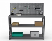 Стол-верстак Metalex серия KIT 950х1600х600 (две полки) + перфопанель с комплектом аксессуаров (серый)