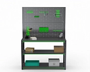 Стол-верстак Metalex серия KIT 950х1300х500 (две полки) + двойная перфопанель с комплектом аксессуаров (серо-зеленый)