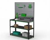 Стол-верстак Metalex серия KIT 950х1400х500 (две полки) + двойная перфопанель с комплектом аксессуаров (серо-зеленый)