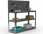 Стол-верстак Metalex серия KIT 950х1800х600 (две полки) + перфопанель с комплектом аксессуаров (серый)