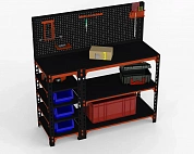 Стол-верстак Metalex 950х1300х400 (с бок. полками, перфопанелью и комп. аксессуаров) оранжево-чёрный