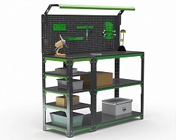 Стол-верстак Metalex серия KIT с боковыми полками, перфопанелью и комплектом освещения