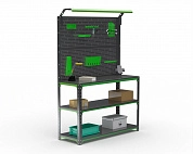 Стол-верстак Metalex серия KIT 950х1100х500 (2-е полки, двойная перфопанель с комплектом освещения) (серо-зеленый)