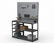 Стол-верстак Metalex серия KIT 950х1600х600 (с бок. полками, двумя перфопанелями и комп. аксессуаров) (серый)