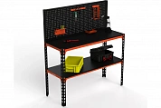Стол-верстак Metalex 950х1100х600 (одна полка) + перфопанель с комплектом аксессуаров (оранжево-чёрный)