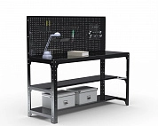 Стол металлический Metalex серия KIT 750х1400х600 + две полки + перфопанель с комплектом аксессуаров (черный)