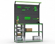 Стол-верстак Metalex серия KIT 950х1200х500 (с бок. полками, 2-мя панелями и комп. освещения) (серо-зеленый)