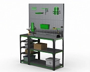 Стол-верстак Metalex серия KIT 950х1300х600 (с бок. полками, двумя перфопанелями и комп. аксессуаров) (серо-зеленый)