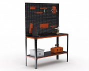 Стол-верстак Metalex серия KIT 950х1500х500 (одна полка) + двойная перфопанель с комплектом аксессуаров (оранжево-черный)