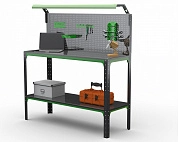 Стол-верстак Metalex серия KIT 950х1000х500 (одна полка + перфопанель с комплектом освещения) (серо-зеленый)