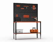 Стол-верстак Metalex серия KIT 950х1100х600 (одна полка) + двойная перфопанель с комплектом аксессуаров (оранжево-черный)