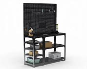Стол-верстак Metalex серия KIT 950х1400х600 (с бок. полками, двумя перфопанелями и комп. аксессуаров) (черный)