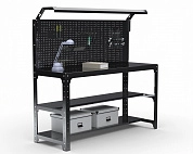 Стол металлический Metalex серия KIT 750х1000х500 (2-е полки + перфопанель с комплектом освещения) (черный)