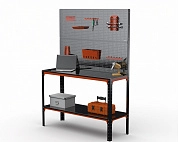 Стол-верстак Metalex серия KIT 950х1400х500 (одна полка) + двойная перфопанель с комплектом аксессуаров (оранжево-черный)