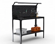 Стол-верстак Metalex серия KIT 950х1200х400 (одна полка + перфопанель с комплектом освещения) (чёрный)