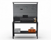 Стол-верстак Metalex серия KIT 950х1400х400 (одна полка + двойная перфопанель с комплектом освещения) (чёрный)