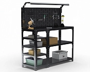 Стол-верстак Metalex серия KIT 950х1400х600 (с бок. полками, перфопанелью и комп. освещения) (чёрный)