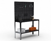 Стол-верстак Metalex серия KIT 950х1000х600 (одна полка) + двойная перфопанель с комплектом аксессуаров (черный)