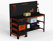 Стол металлический Metalex 750х1600х600 с выдвижными ящиками и перфопанелью (оранжево-чёрный)