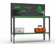 Стол-верстак Metalex серия KIT 950х1500х600 (одна полка) + перфопанель с комплектом аксессуаров (серо-зеленый)