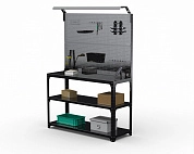 Стол-верстак Metalex серия KIT 950х1300х600 (2-е полки, двойная перфопанель с комплектом освещения) (чёрный)