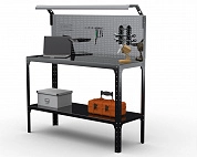 Стол-верстак Metalex серия KIT 950х1400х500 (одна полка + перфопанель с комплектом освещения) (чёрный)