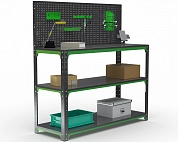 Стол-верстак Metalex серия KIT 950х1100х500 (две полки) + перфопанель с комплектом аксессуаров (серо-зеленый)