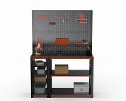 Стол-верстак Metalex серия KIT 950х1000х400 (с бок. полками, двумя перфопанелями и комп. аксессуаров) (оранжево-черный)