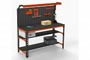 Стол металлический Metalex серия SUN 750х1100х600 (2-е полки + перфопанель с комплектом освещения) оранжево-чёрный