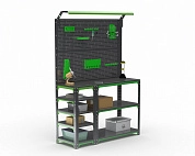 Стол-верстак Metalex серия KIT 950х1200х400(с бок. полками, 2-мя панелями и комп. освещения) (серо-зеленый)