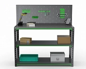 Стол-верстак Metalex серия KIT 950х1400х400 (две полки) + перфопанель с комплектом аксессуаров (серо-зеленый)